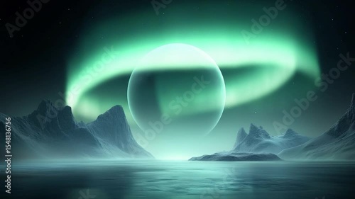 Mystical Aurora and Celestial Orb: An ethereal and captivating image showcases a breathtaking celestial orb suspended above a misty, mountainous terrain, illuminated by the vibrant.