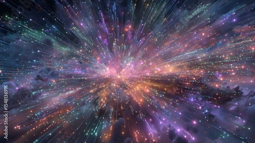 Colorful bursts of light and particles radiate from a central point against a dark cosmic backdrop, creating a sense of depth and movement.