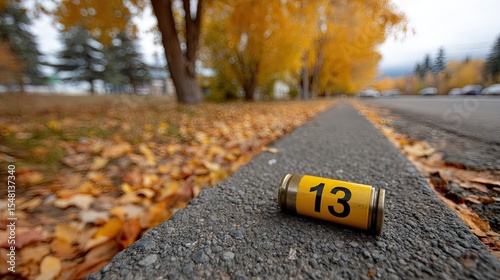 Yellow markers indicate evidence collection at a residential street with bullet casing found next to them during a police investigation