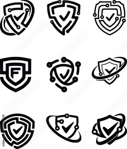 bold black and white security shield logos with checkmarks and circuit board elements, perfect for cybersecurity branding, data protection icons, and secure tech company emblems