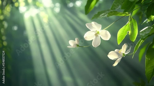 Sunlit Floral Paradise: Delicate white flowers bloom amidst lush green foliage, bathed in the ethereal glow of sunbeams filtering through a dense canopy.