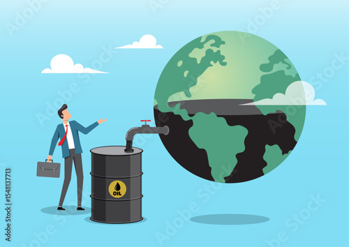 a businessman observing oil being extracted from the Earth into a barrel