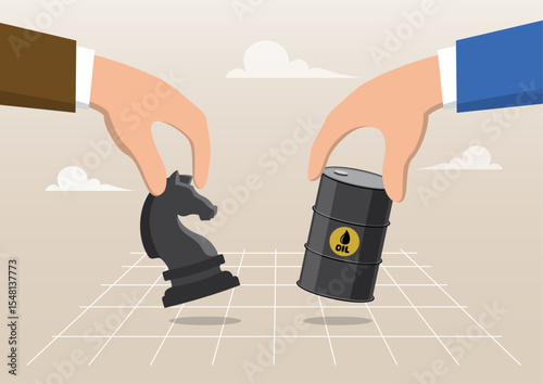 Two hands holding a chess knight and an oil barrel 