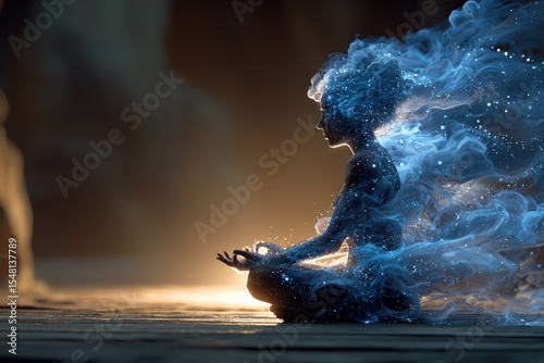 Serene Woman Meditating, Blue Energy Aura