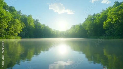 Serene Lake under the Sun: A tranquil lake reflects the bright sun and clear sky, bordered by vibrant green trees, creating a captivating scene of natural beauty.