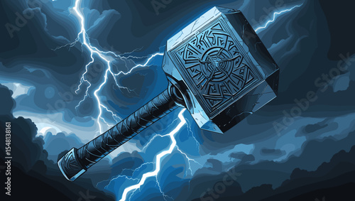 Illustration of a powerful mystical hammer surrounded by dramatic lightning in a dark stormy sky