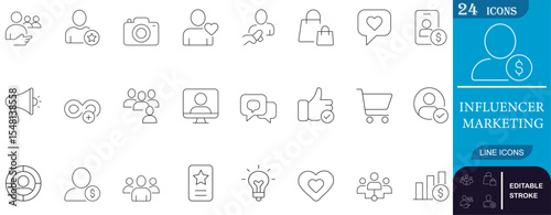 Minimal line icons set focused on influencer marketing, social media engagement, content promotion, and ecommerce—ideal for branding, digital ads, and UI design.