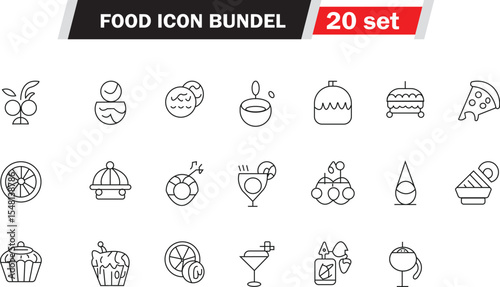 Outline Food Icon Bundle 20 Design Elements Featuring Olive, Sushi, Burger, Pizza, Cupcake