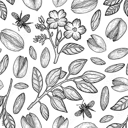 Seamless botanical pattern with pistachios, flowers, leaves and bees, vintage black and white hand drawn style