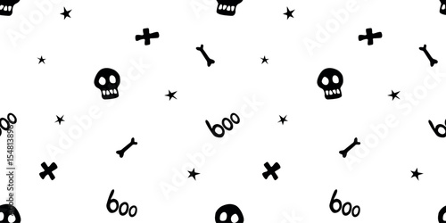 Halloween seamless pattern with bones, skulls, other holiday death symbols. Vector illustration, wrapped paper, background and texture in flat doodle style, isolated.