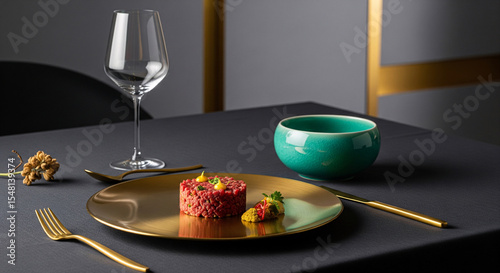 A plate of steak tartare in a gold plate with a gold cutlery.