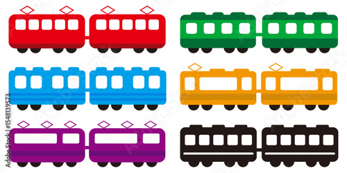 旅行、運送でも使う鉄道交通手段の乗り物、電車を色付と白と黒のイラストでデザインしたアイコン、シンボルにも使えるベクターのコレクション