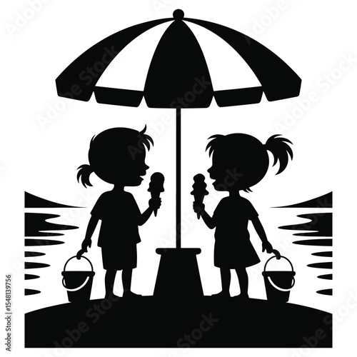 Silhouette of children eating ice cream and playing under beach umbrella for summer holiday design