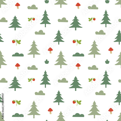 Forest seamless pattern on a white background. Mushrooms, trees, pine, bushes, strawberries, fly agaric. Abstract and simple pattern. Hand drawn forest textile