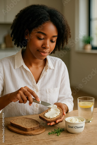 African-American woman with goat cheese on rye bread in sleek kitchen with thyme and lemon water