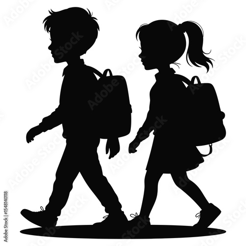 Silhouette of happy kids running with backpacks and school supplies for back to school design