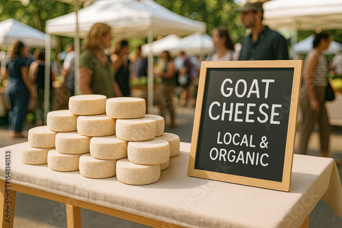 Stacked goat cheese wheels on linen table with chalkboard sign at busy modern market stall