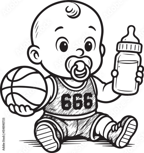Baby Baller: A playful illustration captures a baby's love for basketball and feeding, holding a basketball in one hand and a bottle in the other, dressed in sports gear.
