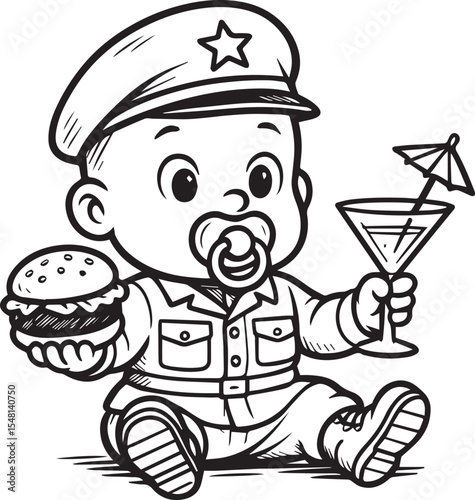 Cute caricature baby: A playful monochrome line art captures a whimsical image of a baby dressed in a soldier's uniform, holding a burger and a cocktail, featuring delightful illustrations.