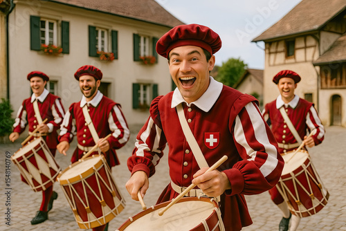 Traditional Swiss band in festive village square performance