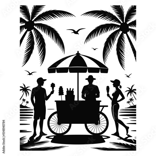 Silhouette vector of beachside ice cream cart with vendor and customers for tropical vacation concept