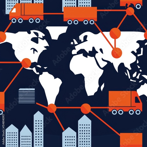 Graphic illustration depicting global transportation network with trucks and cities.