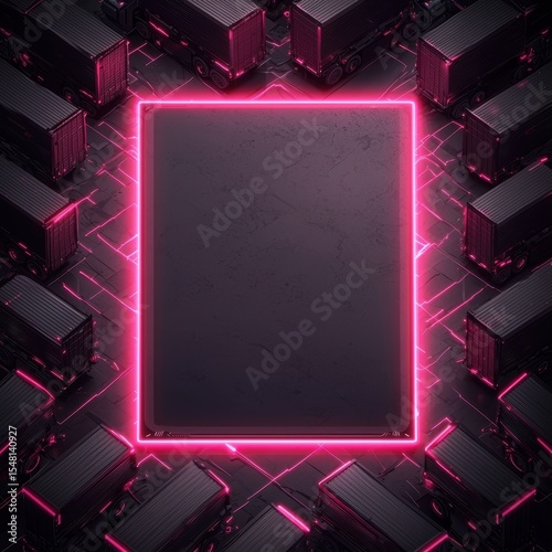 Futuristic neon-themed space surrounded by trucks, perfect for digital designs and modern tech initiatives.