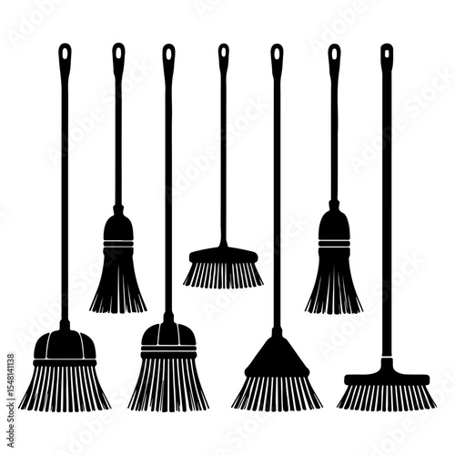 Set of black Collection of broom silhouettes on isolated