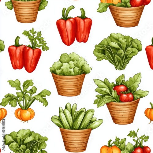 Vibrant pattern featuring various vegetables in pots, including bell peppers, lettuce, and carrots.