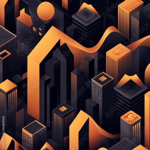 A modern cityscape showcasing geometric buildings in shades of orange and black, representing urban architecture.