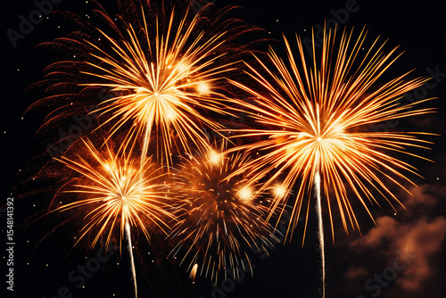 Golden fireworks exploding in the night sky.