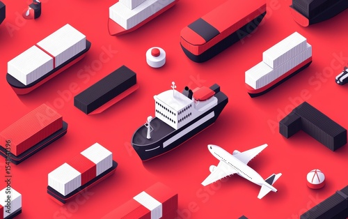 A vibrant arrangement of various transportation models including ships and planes on a bold red background.