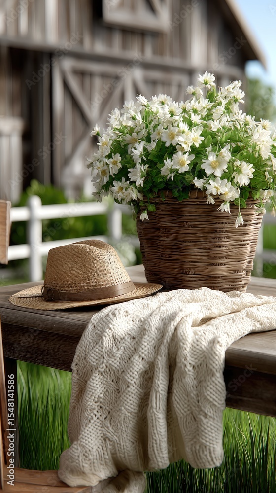 Fototapeta premium Charming backyard garden features rustic wooden chairs, straw baskets with flowers, and a boho-chic picnic setup beside a barn