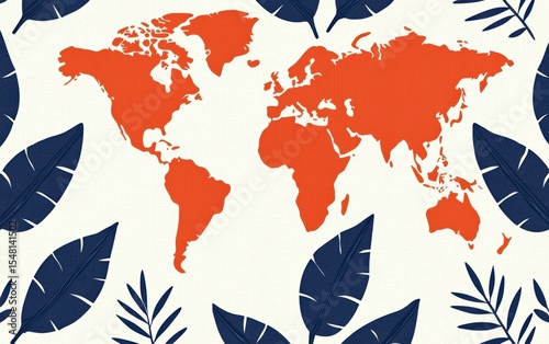 A vibrant world map design surrounded by tropical leaves, representing global connections and nature.