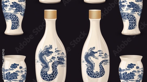 Elegant collection of traditional Chinese vases with intricate dragon designs on a contrasting background.