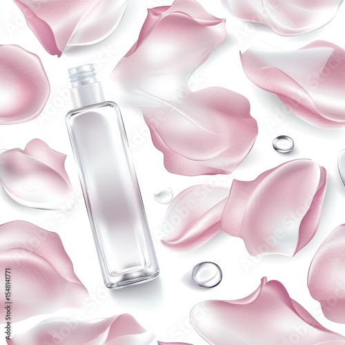 Elegant glass bottle surrounded by delicate pink rose petals, creating a serene and luxurious ambiance.