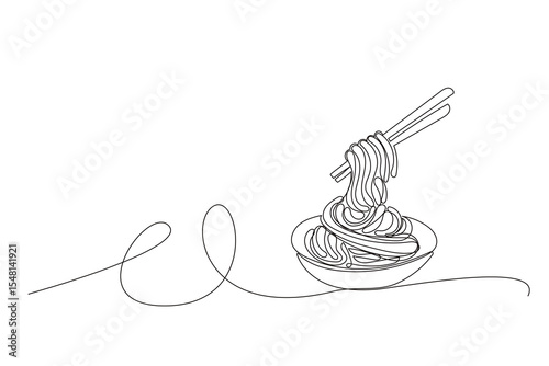 Line Art Pasta Spaghettis Plate Food Illustration. One Continuous Outline Wavy Contour Drawing. Stroke Modern Doodle Food Symbol Icon. Cafe Menu Card Invitation Sketch Contour Design Element