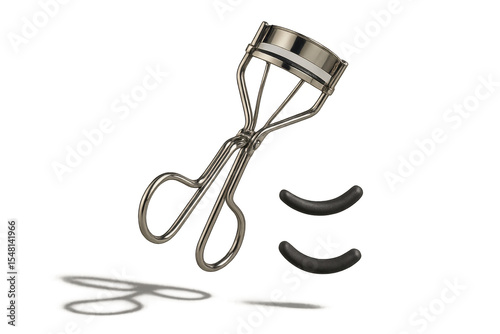 Silver eyelash curler and replacement pads isolated on a transparent background.
