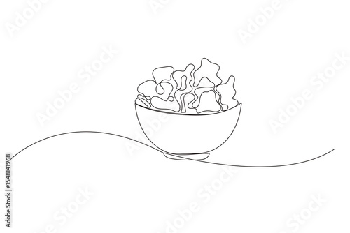 Line Art Salad. Healthy Food Symbol. Detox and Diet Vitamin Lifestyle. One Continuous Outline Wavy Contour Drawing. Stroke Modern Doodle Food Symbol Icon. Cafe Menu Card Invitation Sketch Contour Art	