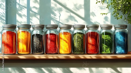 Colorful Assorted Spices and Grains in Glass Jars on Wooden Shelf