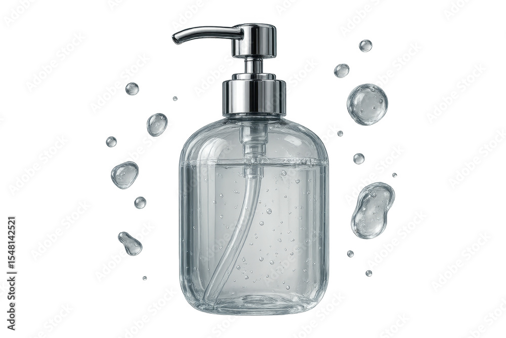 Obraz premium Transparent plastic bottle with dispenser pump and liquid drops isolated on white