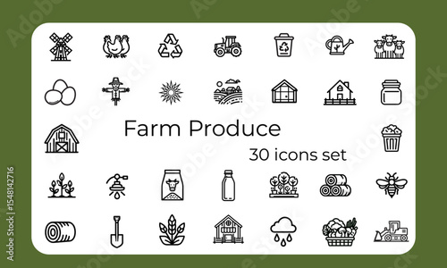 Farm produce icon set featuring 30 simple agricultural illustrations  