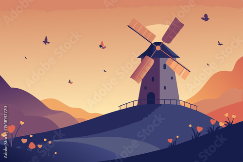 windmill in the sunset