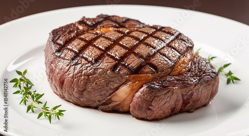 A large piece of grilled steak on a white ceramic plate.
