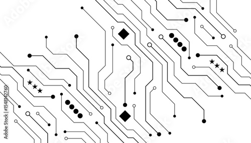 The image showcases a detailed close-up of an abstract circuit board pattern. The background is predominantly white, with a complex network of thin, light gray lines forming interconnected