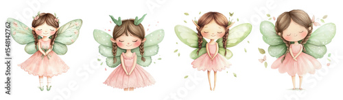 Watercolor set of cute forest fairies png. Watercolor forest fairy with closed eyes and green wings in a cute pink dress and green decorations in her hair. Cute children's fairy tale characters. 
