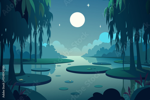 night landscape with moon and stars
