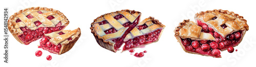 Watercolor set of cranberry pies png. Savory pies with red berries. Cranberry pie for Thanksgiving. Sweet homemade pastries. Vector illustration.