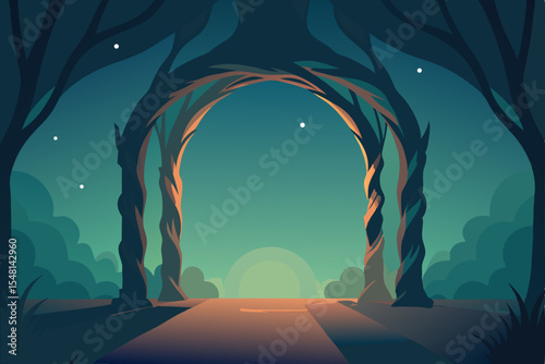 vector illustration of a night landscape with trees