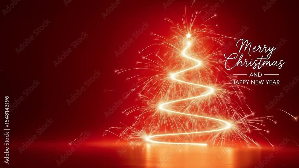  A sparkling Christmas tree made of light against a deep red background.
